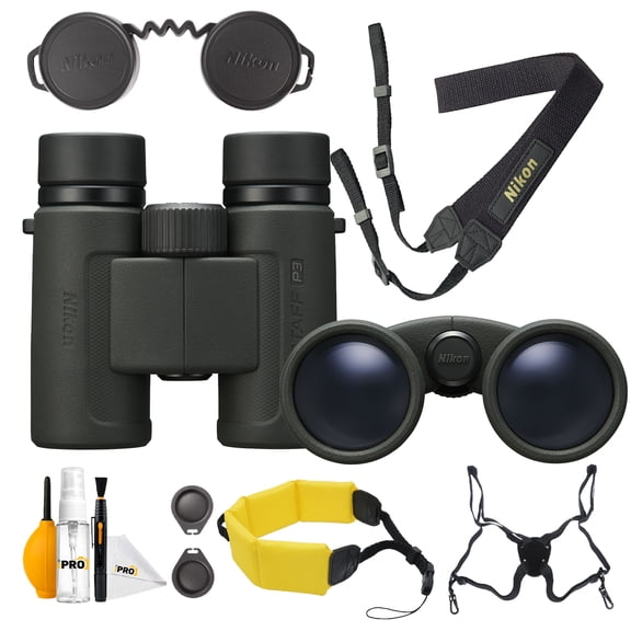 Nikon PROSTAFF P3 10x30 Binoculars Compact Waterproof Travel Birding Binoculars Bundle With ProStaff Suspender Harness Binocular Strap + Cleaning kit + More