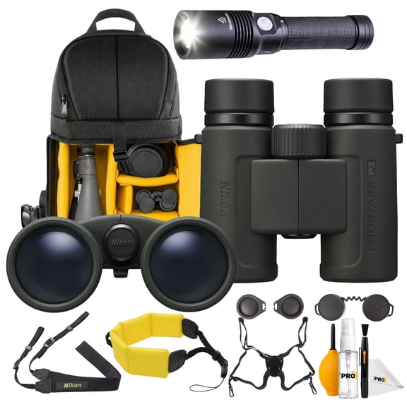 Nikon PROSTAFF P3 10x30 Binoculars Silver Coated Roof Prism Multicoated Optics Bundle With LED Flashlight + ProStaff Suspender Harness Binocular Strap + Cleaning kit + Pro Sling Backpack + More