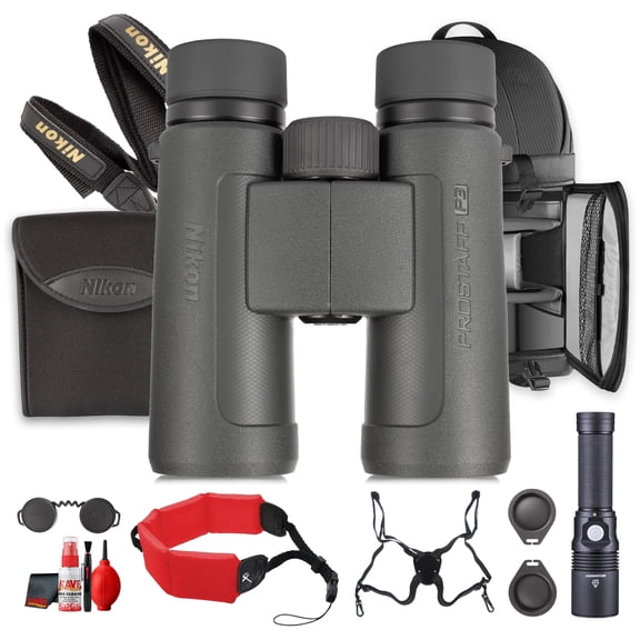 Nikon PROSTAFF P3 10x42 Waterproof Binoculars with Multicoated Lenses, 10x Magnification, Wide Field of View Bundle With LED Flashlight + Suspender Harness Binocular Strap + Backpack + More