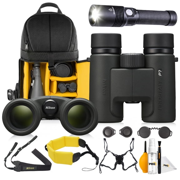 Nikon PROSTAFF P7 10x30 Binoculars Compact Waterproof Fogproof Oil Repellent Coating Bundle With LED Flashlight + Suspender Harness Binocular Strap + Cleaning kit + Pro Sling Backpack + More