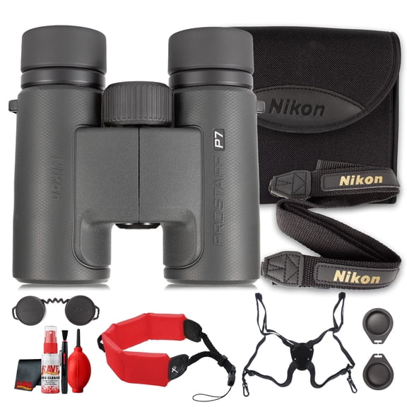 Nikon PROSTAFF P7 10x30 Binoculars, High-Magnification Wide FOV Waterproof Fogproof Compact, Oil Water Repellent Lenses of View Bundle With ProStaff Suspender Harness Binocular Strap + More