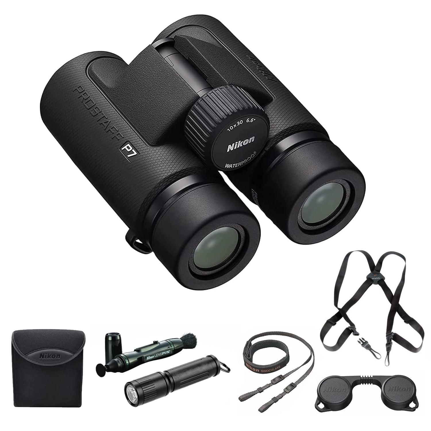 Nikon PROSTAFF P7 10x30 Binoculars With Lens Pen, Waith Harness, & Flashlight Kit