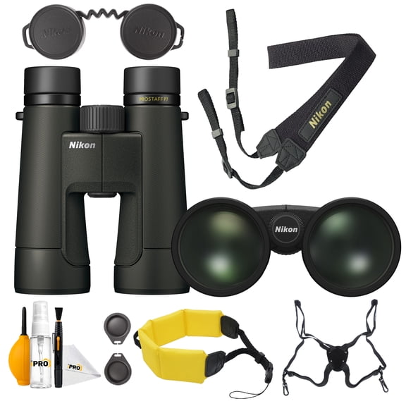 Nikon PROSTAFF P7 10x50 Binoculars Long Distance Viewing 50mm Objective Lenses Bundle With ProStaff Suspender Harness Binocular Strap + Cleaning kit + FLOATING STRAP