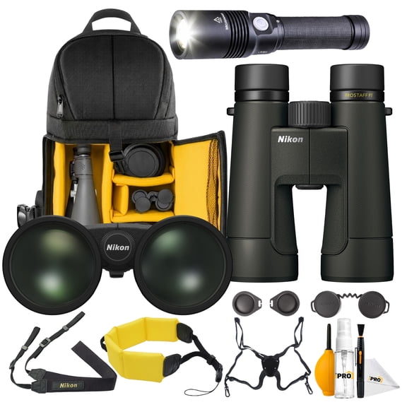 Nikon PROSTAFF P7 12x50 Binoculars Fully Multicoated Lenses 367 ft Field of View Bundle With LED Flashlight + Harness + Cleaning kit + Pro Sling Backpack + Floating Strap