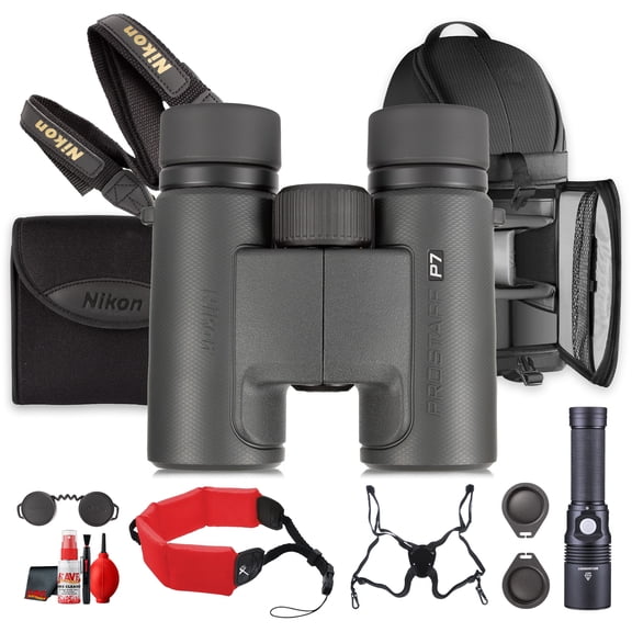 Nikon PROSTAFF P7 8x30 Binoculars Compact Waterproof Fogproof Dielectric Prism Bundle With LED Flashlight + Harness + Cleaning kit + Pro Sling Backpack + Floating Strap