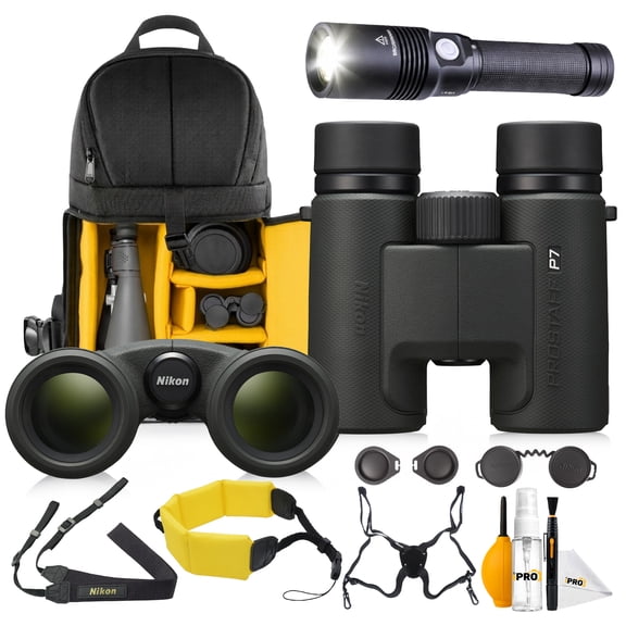 Nikon PROSTAFF P7 8x30 Binoculars Wide Field 456 ft Compact Outdoor Optics Travel Binoculars Bundle with Flashlight Harness Cleaning Kit Backpack