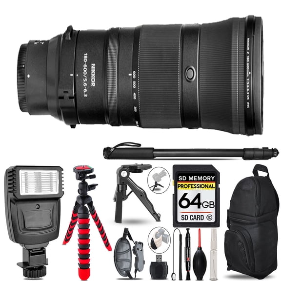 Nikon Z 180-600mm f/5.6-6.3 VR Lens -Slave Flash + Tripod - 64GB Accessory Bundle (International Version)