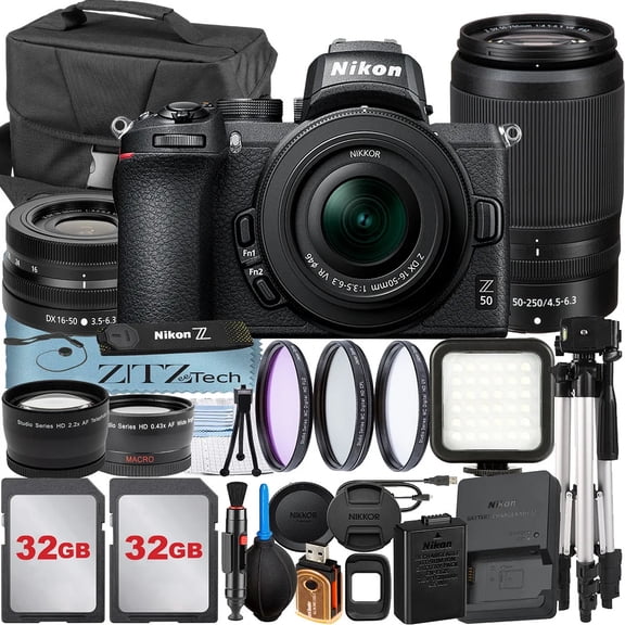 Nikon Z 50 Mirrorless Camera with NIKKOR 16-50mm + DX 50-250mm Zoom Lens + 2 Pack 32GB Card + Case + Wideangle + Tripod + ZeeTech Accessory Bundle (International Version)