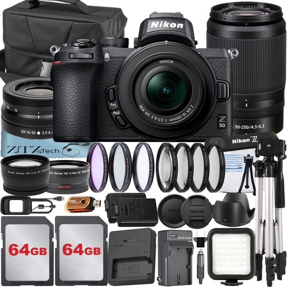 Nikon Z50 Mirrorless Camera with NIKKOR 16-50mm + DX 50-250mm Zoom Lens + 2 Pack 64GB Card + Case + Telephoto + Tripod + ZeeTech Accessory Bundle (International Version)