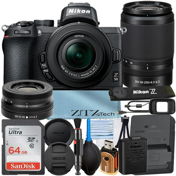 Nikon Z50 Mirrorless Camera with NIKKOR 16-50mm + DX 50-250mm Zoom Lens + 64GB Memory Card + ZeeTech Accessory Bundle (International Version)