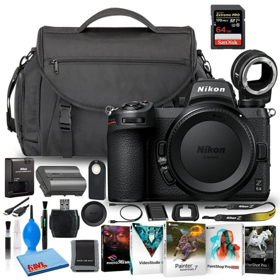 Nikon Z 6II 24.5MP Mirrorless Digital Camera (Body Only) (1659) (Model) Bundle with Sandisk 64GB Extreme SD Card + Nikon FTZ Adapter + Camera Bag + Corel Editing Software