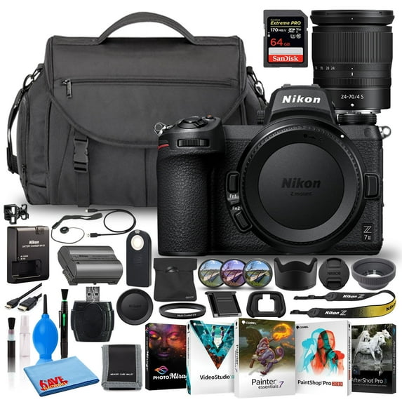 Nikon Z 7II 45.7MP Mirrorless Digital Camera with 24-70mm Lens (1656) (Model) Bundle with Sandisk 64GB Extreme SD Card + Camera Bag + Corel Editing Software + Filter Kit