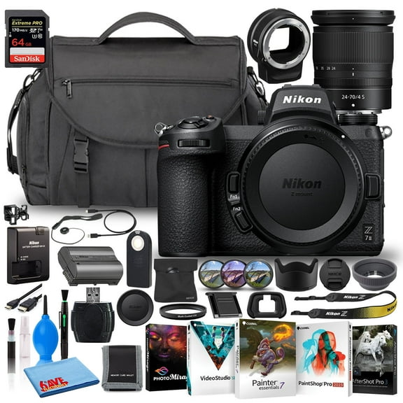 Nikon Z 7II 45.7MP Mirrorless Digital Camera with 24-70mm Lens (1656) (Model) Bundle with Sandisk 64GB Extreme SD Card + Nikon FTZ Adapter + Camera Bag + Editing Software