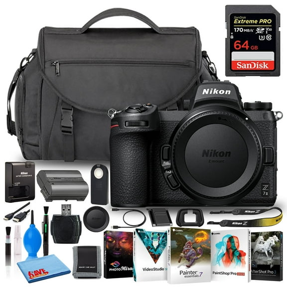Nikon Z 7II 45.7MP Mirrorless Digital Camera (Body Only) (1653) (Model) Bundle with Sandisk 64GB Extreme SD Card + Digital Camera Bag + Corel Editing Software + Much More
