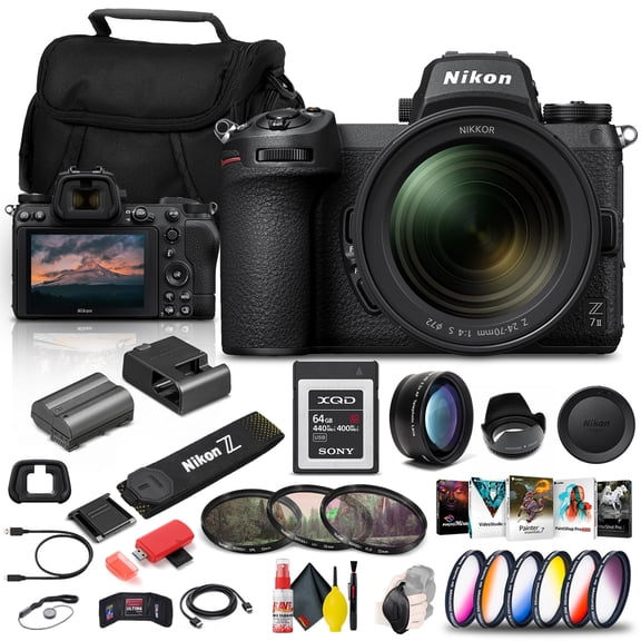 Nikon Z 7II Mirrorless Digital Camera 45.7MP with 24-70mm F/4 Lens (1656) + 64GB XQD Card + Corel Photo Software + Case + Color Filter Kit + Telephoto Lens + More - International Model