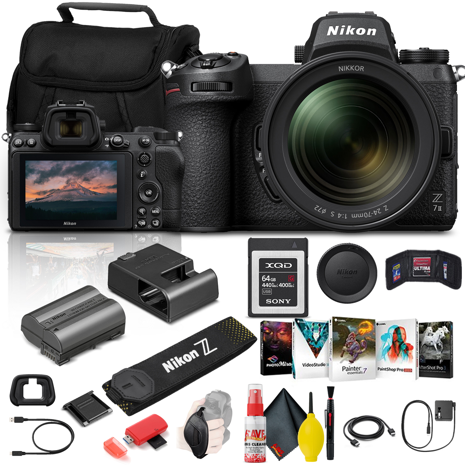 Nikon Z 7II Mirrorless Digital Camera 45.7MP with 24-70mm f/4 Lens (1656) + 64GB XQD Card + Corel Photo Software + Case + HDMI Cable + Card Reader + Cleaning Set + More - International Model - image 1 of 7