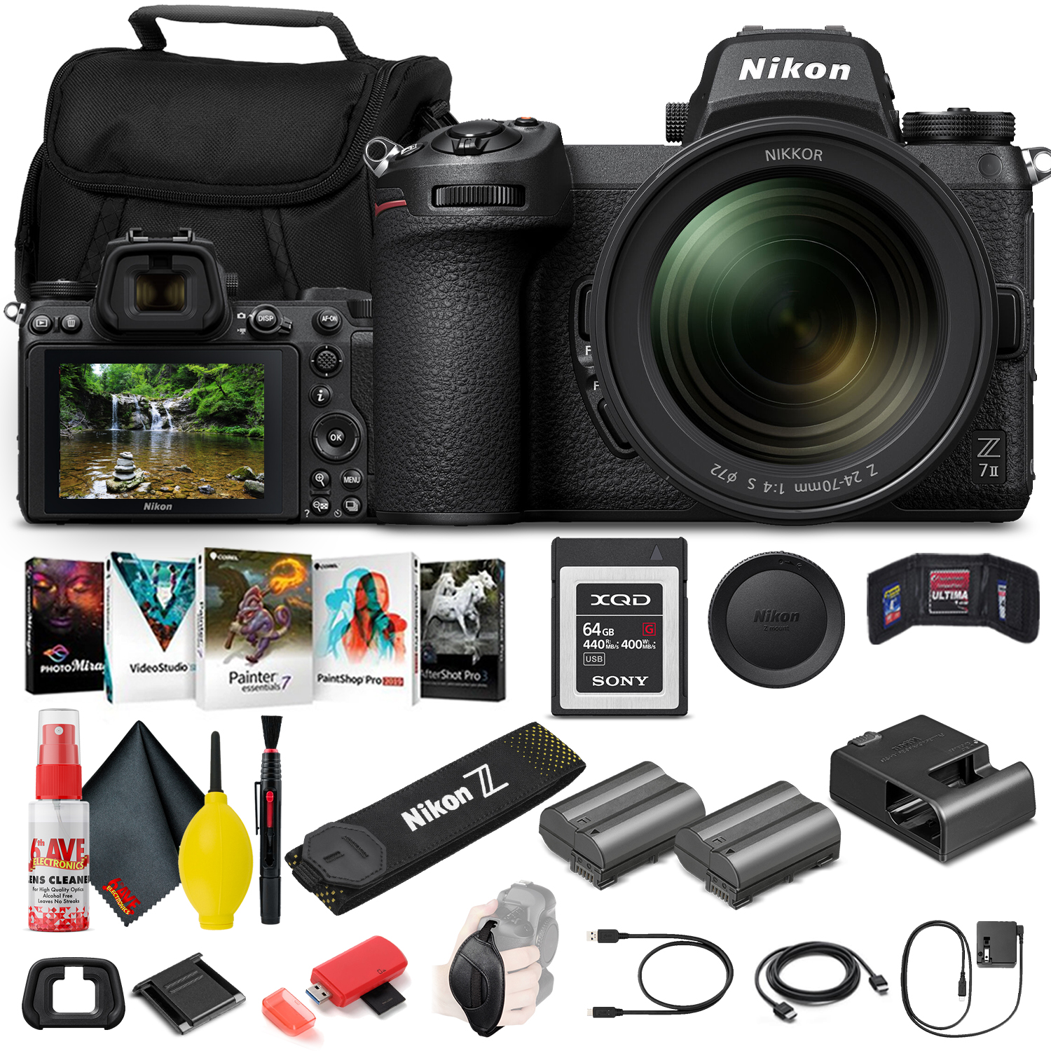 Nikon Z 7II Mirrorless Digital Camera 45.7MP with 24-70mm f/4 Lens (1656) + 64GB XQD Card + EN-EL15c Battery + Corel Photo Software + Case + HDMI Cable + Card Reader + More - International Model - image 1 of 7