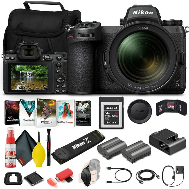 Nikon Z 7II Mirrorless Digital Camera 45.7MP with 24-70mm f/4 Lens (1656) + 64GB XQD Card + EN-EL15c Battery + Corel Photo Software + Case + HDMI Cable + Card Reader + More - International Model