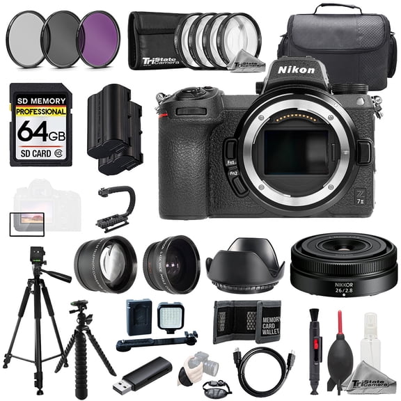 Nikon Z 7II + NIKKOR Z 26mm f/2.8 Lens+64GB+Ext Bat+9 PC Filter-MEGA Kit (International Version)