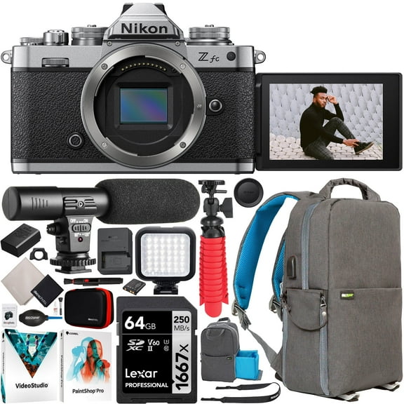 Nikon Z fc DX-Format Mirrorless Camera Body (Black) 1671 Bundle with Deco Gear with Deco Gear Microphone + LED Light + Backpack + Photo Video Software & Photography Accessories Kit