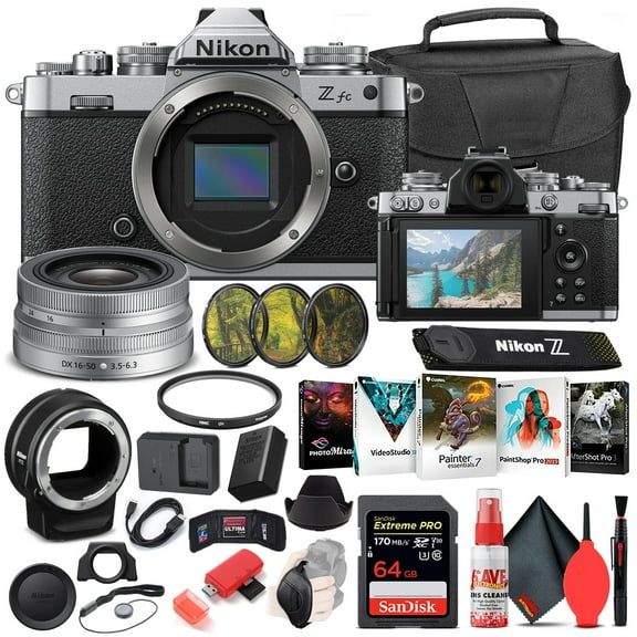 Nikon Z fc Mirrorless Digital Camera with 16-50mm Lens (Black, 1675) International Model Bundle with FTZ Adapter + 64GB Extreme PRO SD Card + Camera Bag + Editing Software + 4pc Filter Kit