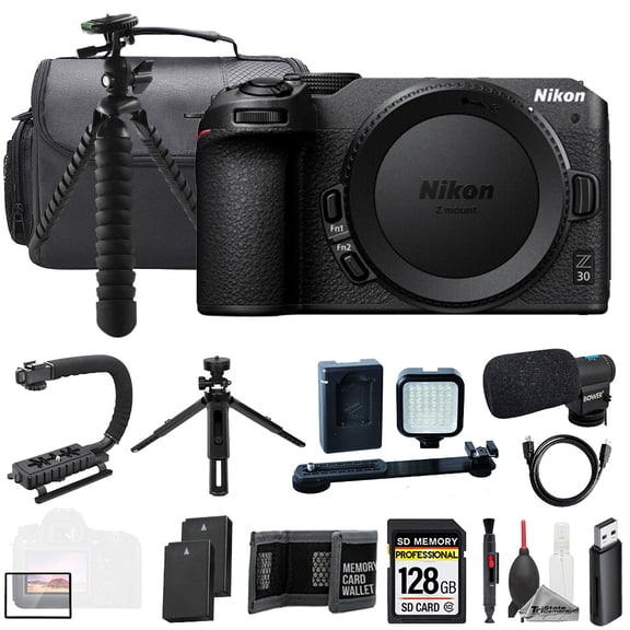 Nikon Z30 (Body) + Mic + 128GB + Extra Battery+ LED Flash- ULTIMATE Kit (International Version)