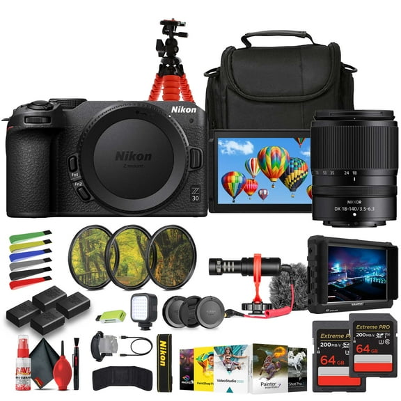 Nikon Z30 Lightweight Mirrorless Camera with NIKKOR Z DX 18-140mm f/3.5-6.3 VR Lens+ 3x ENEL25 Replacement + Soft Case + LED Light + 2x 64GB Card + Photo Software + Mic + External Monitor + More