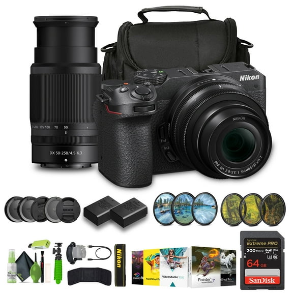 Nikon Z30 Mirrorless Camera with 16-50mm and 50-250mm Lenses + ENEL25 Replacement Battery + Extreme PRO 64GB Card + UV Lens Filter + 12 Inch Flex Tripod + Photo Editing Software + More