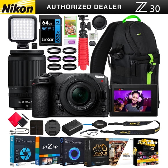 Nikon Z30 Mirrorless Camera with 2 Lens Kit NIKKOR Z DX 16-50mm F3.5-6.3 VR and 50-250mm F4.5-6.3 VR Bundle 1743 Bundle with Deco Gear Backpack + LED + Filters + Tripod | Official Nikon USA Dealer