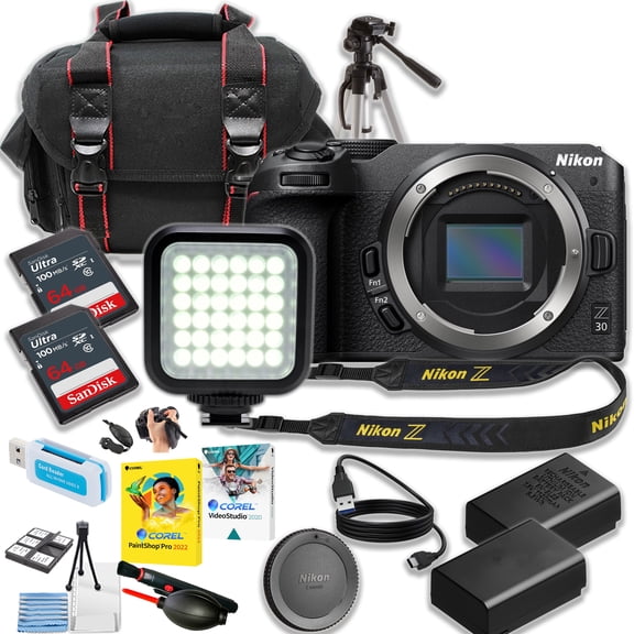 Nikon Z30 Mirrorless Camera (Body Only) + 2pc SanDisk 64Gb Ultra Memory Card + 15 Inch Tripod + Camera Case + More (18pc Bundle)