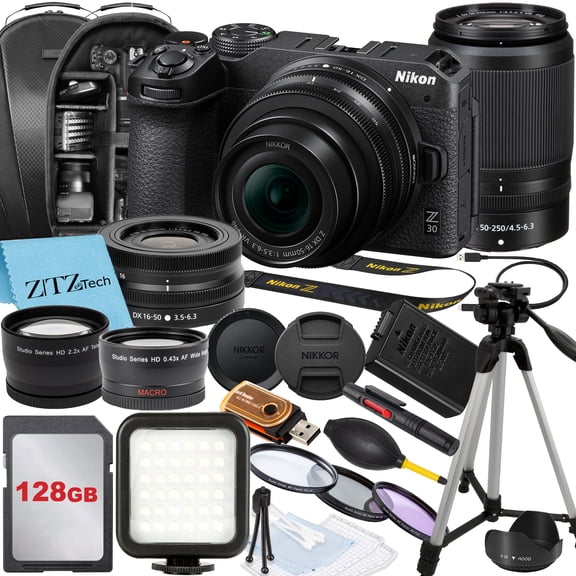 Nikon Z30 Mirrorless Camera with NIKKOR 16-50mm + DX 50-250mm Zoom Lens, 128GB Memory Card, Backpack, Flash, Tripod and ZeeTech Accessory Bundle (International Version)