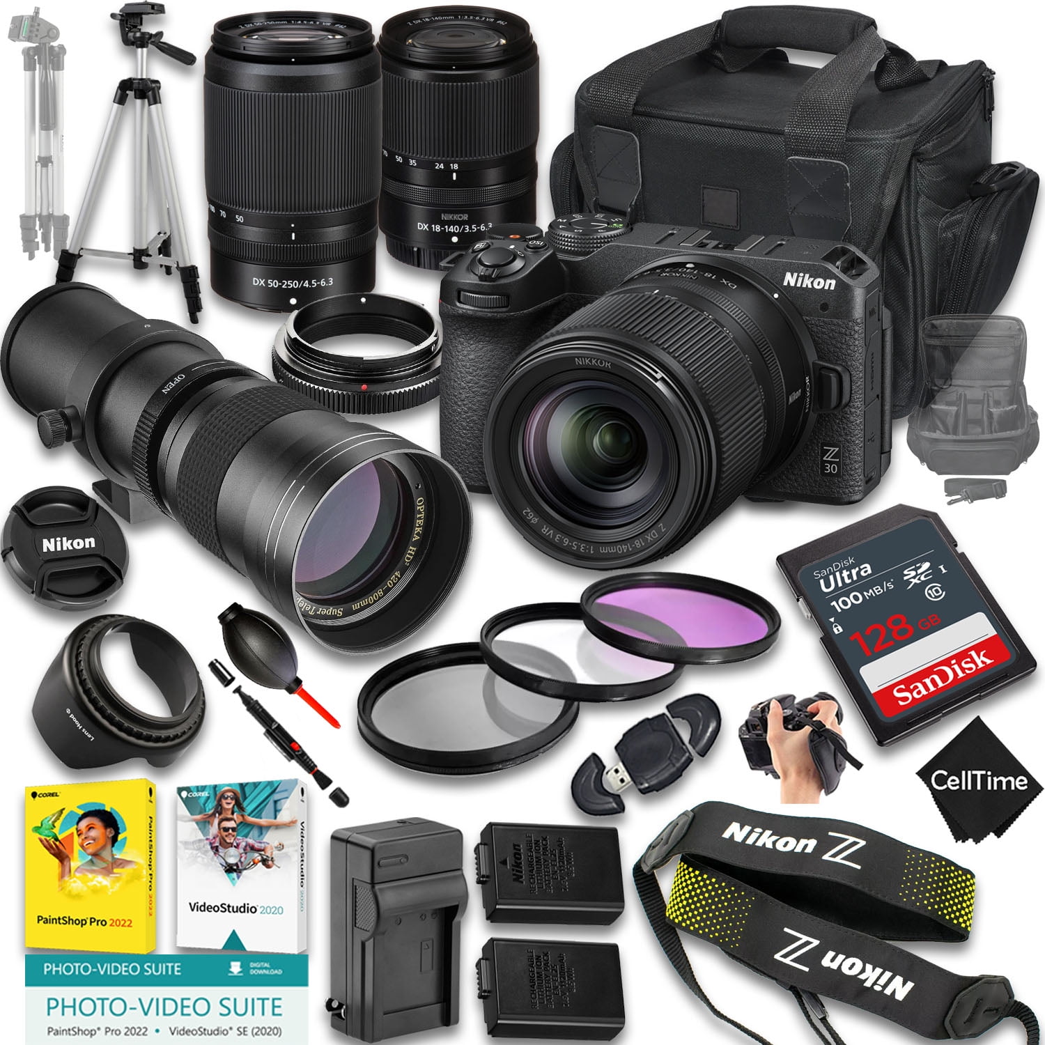 Nikon Z30 Mirrorless Camera with Z DX 18-140mm f/3.5-6.3 VR And 50-250mm f/4.5-6.3 VR & 420-800mm f/8 Lens + 128 GB Memory + Extra Battery + Camera Case + More (25pc Bundle)