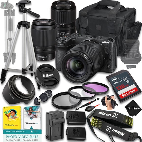 Nikon Z30 Mirrorless Camera with Z DX 18-140mm f/3.5-6.3 VR And 50-250mm f/4.5-6.3 VR Lens + 128 GB Memory + Extra Battery + Camera Case + Tripod + More (23pc Bundle)