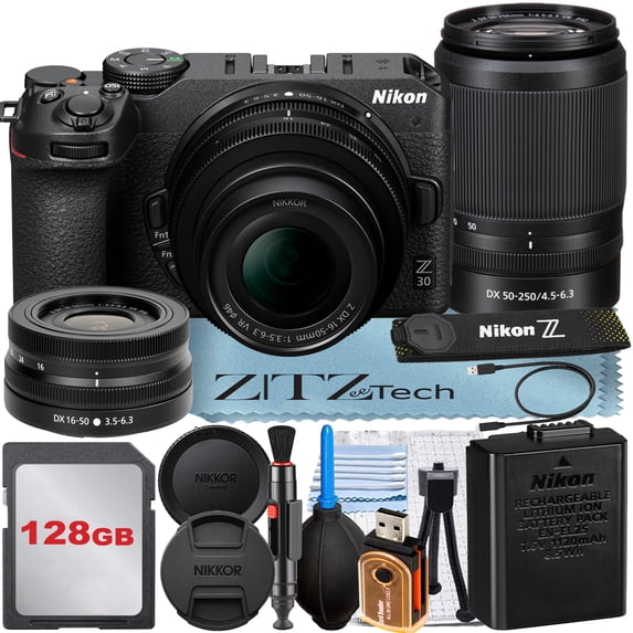Nikon Z30 Mirrorless Camera with NIKKOR 16-50mm + DX 50-250mm Zoom Lens + 128GB Memory Card + ZeeTech Accessory Bundle (International Version)