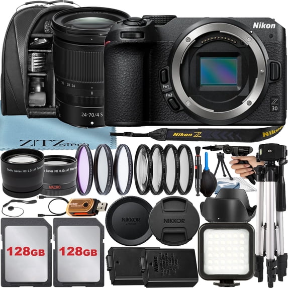 Nikon Z30 Mirrorless Camera with NIKKOR Z 24-70mm f/4 S Lens + 2 Pack 128GB Card + Case + Tripod + ZeeTech Accessory Bundle (International Version)