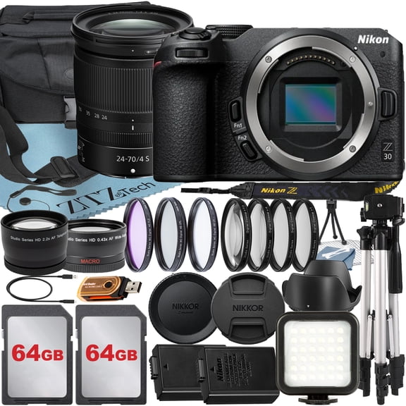 Nikon Z30 Mirrorless Camera with NIKKOR Z 24-70mm f/4 S Lens + 64GB Card + Case + Telephoto + Tripod + ZeeTech Accessory Bundle (International Version)