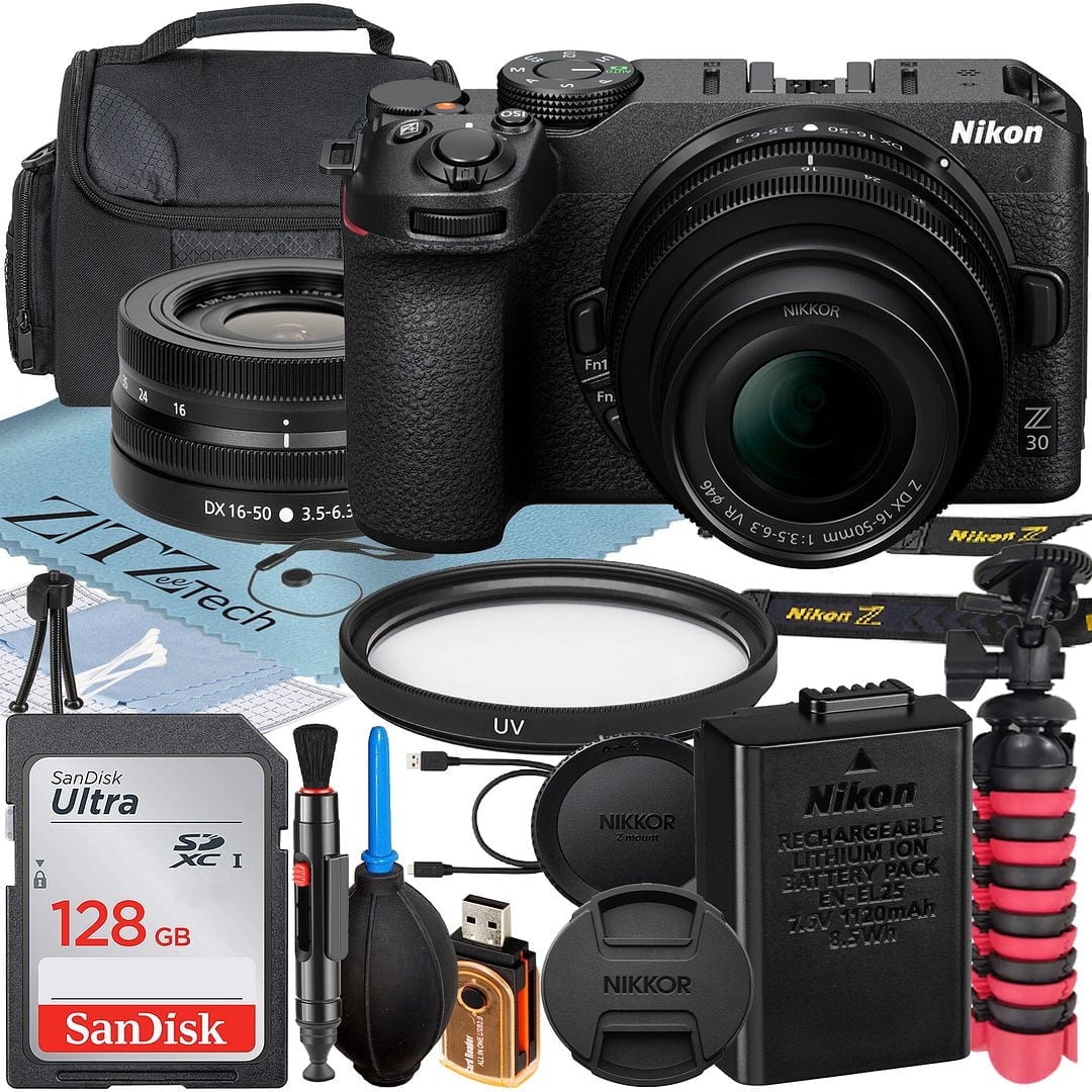 Nikon Z30 Mirrorless Camera with NIKKOR Z DX 16-50mm VR Zoom Lens + SanDisk 128GB Memory Card + Case + UV Filter + ZeeTech Accessory Bundle