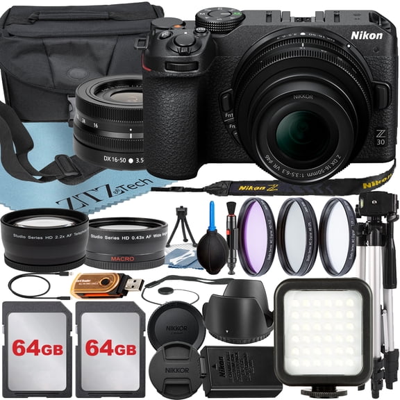 Nikon Z30 Mirrorless Camera with NIKKOR Z DX 16-50mm VR Zoom Lens + SanDisk 64GB Card + Case + Wideangle + Tripod + ZeeTech Accessory Bundle