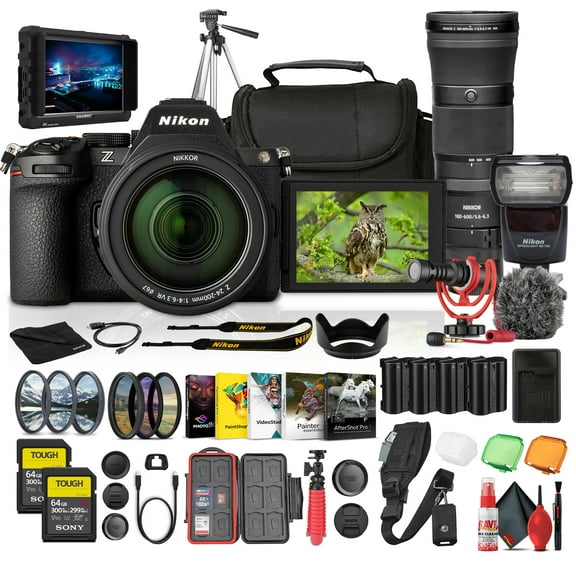 Nikon Z5 II Mirrorless Camera with 24-200mm f/4-6.3 Lens + Nikkor Z 180-600mm f/5.6-6.3 VR Lens + 64GB SD Card + Microphone + Battery Replacement + Battery Charger + Camera Bag + Tripods + More