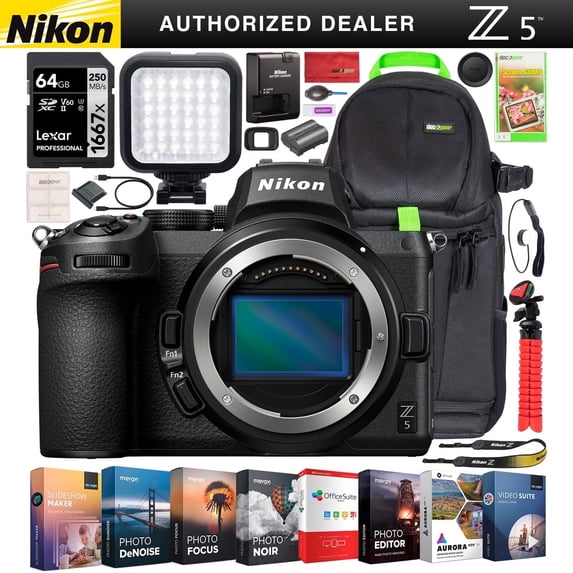 Nikon Z5 Mirrorless Camera Full Frame Body FX-Format 4K UHD Bundle with Deco Gear Photography Backpack + Photo Video LED Lighting + Lexar 64GB High Speed SD Card + Software Kit and Accessories