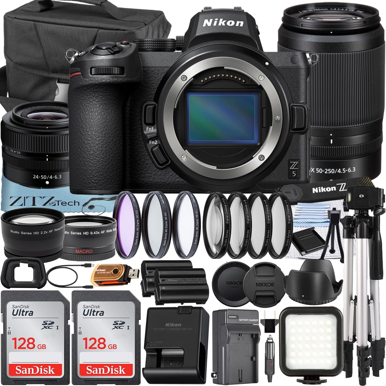 Nikon Z5 Mirrorless Camera with NIKKOR Z 24-50mm + DX 50-250mm Zoom Lens + 2 Pack SanDisk 128GB Card + Case + Telephoto + Tripod + ZeeTech Accessory Bundle
