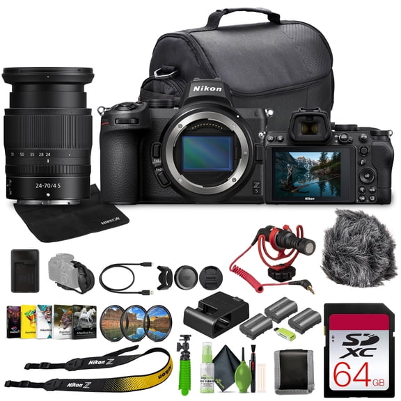 Nikon Z5 Mirrorless Camera 24.3MP Full Frame with 24-70mm f/4 Lens 4K Video Bundle 64GB Card Filter Kit Tripod FTZ II Adapter (International Model)