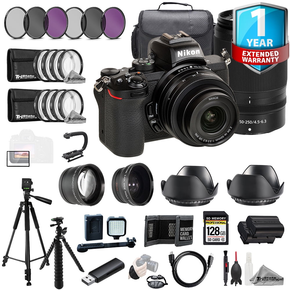 Nikon Z50 II + 16-50mm & 50-250mm VR Lenses +128GB+Ext Bat+1Yr