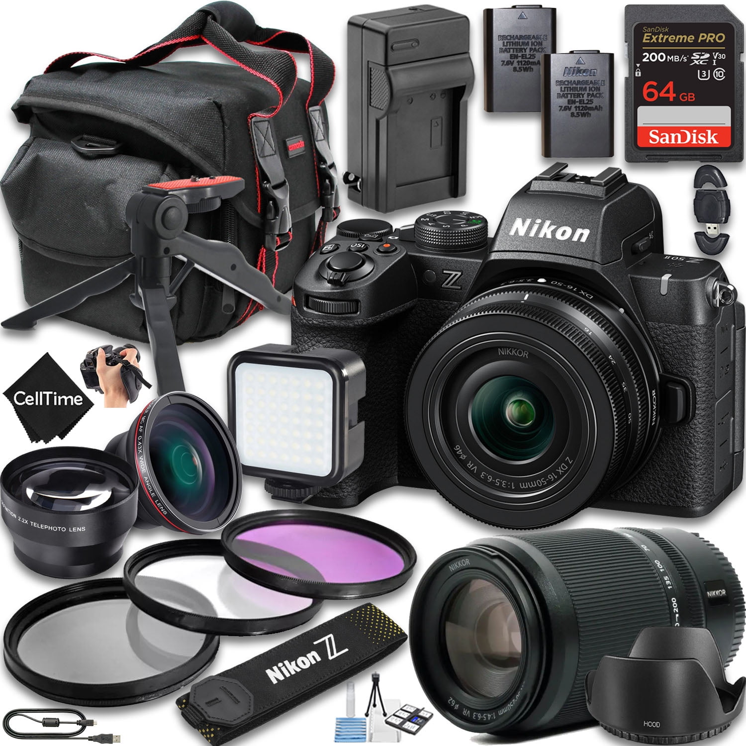 Nikon Z50 II Mirrorless Camera With Z DX 16-50mm f/3.5-6.3 VR And Z DX 50-250mm f/4.5-6.3 VR Lens + 64 GB Memory + Extra Battery + LED Light + More (26pc Bundle)