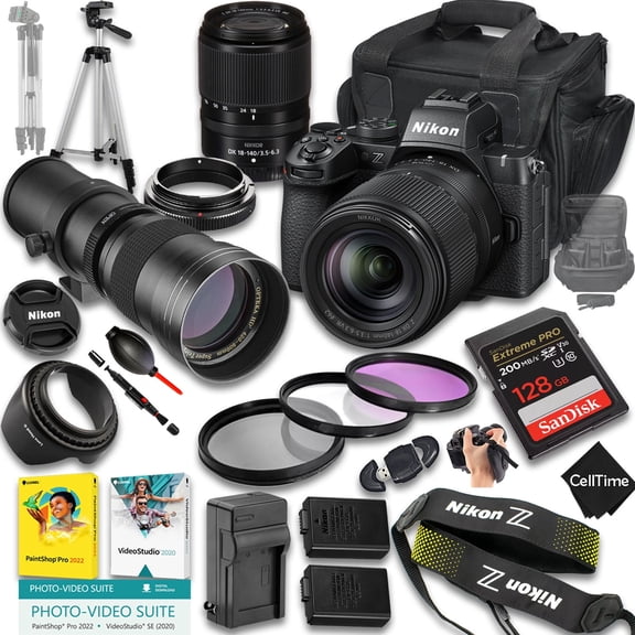 Nikon Z50 II Mirrorless Camera with Z DX 18-140mm f/3.5-6.3 VR And 420-800mm f/8 Manual Super HD Telephoto Lens + 128 GB Memory + Extra Battery + Camera Case + More (22pc Bundle)
