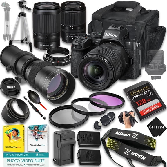 Nikon Z50 II Mirrorless Camera with Z DX 18-140mm f/3.5-6.3 VR And 50-250mm f/4.5-6.3 VR & 420-800mm f/8 Lens + 128 GB Memory + Extra Battery + Camera Case + More (25pc Bundle)