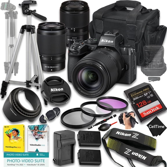 Nikon Z50 II Mirrorless Camera with Z DX 18-140mm f/3.5-6.3 VR And 50-250mm f/4.5-6.3 VR Lens + 128 GB Memory + Extra Battery + Camera Case + Tripod + More (23pc Bundle) (International Version)