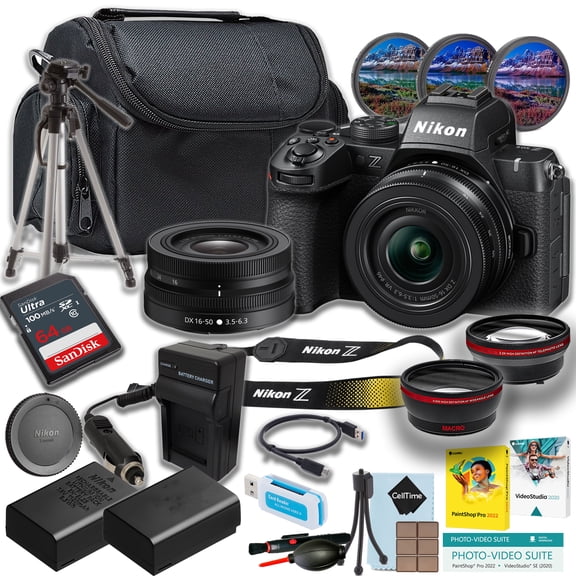 Nikon Z50 II Mirrorless Camera with 16-50mm Lens + 64GB Ultra Memory Card + Tripod + Camera Case + More (19pc Bundle) (International Version)