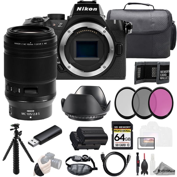 Nikon Z50 II +Z MC 105mm f/2.8 VR S Macro Lens +64GB + Ext Bat+ 3 PC Filter- Kit (InternationalVersion)
