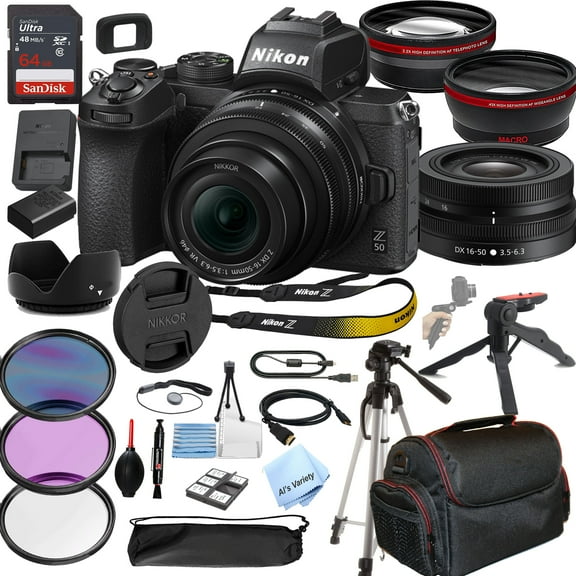 Nikon Z50 Mirrorless Camera with 16-50mm Lens 20.9MP DX-Format CMOS Sensor EXPEED 6 Image Processor + 64GB Memory, Wide Angle + Telephoto Lens, Filters, Case, Tripod + More 28PC Bundle Kit